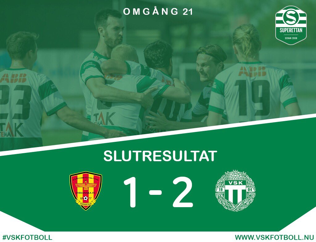 VSKFotboll's tweet photo. MATCHEN ÄR SLUT! 💚⚽️

VSK vinner bortamatchen mot Syrianska FC med 1-2

Nästa hemmamatch
Västerås SK - IF Brommapojkarna
Måndag 16/9 19.00
Solid Park Arena

Köp din biljett till matchen redan nu:
https://t.co/U2qRZRlI3u https://t.co/gSvLEwLyOw