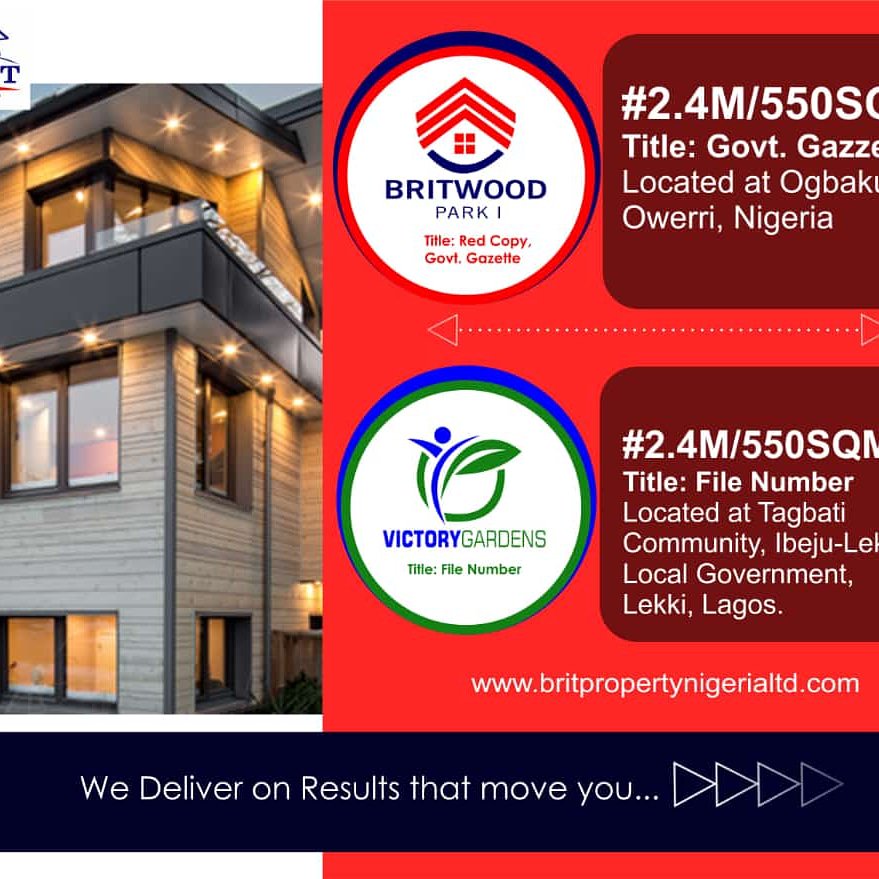 TrafficChiefNG's tweet photo. Some more AWESOME land acquisition deals by @BritPropertyng:

Britwood Park I
Price: N2.4m/550sqm
Title: Red Copy, Gov. Gazette

Victory Gardens
Price: N2.4m/550sqm
Title: File No.

Learn more: https://t.co/UXUavp5LrK @ihesiulobright #landinlagos #britproperty https://t.co/MQpsw2Otqh
