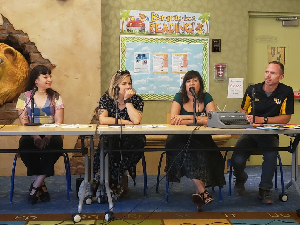 DJZibaZ's tweet photo. .@OCZineFest at @Anaheim_Library panel “Engaging Reluctant Readers & Creators through Zines!” Zine librarians & teachers using zines. Brianna Meli, AHS Librarian Tommy Kovac, #ZibaZLibrarian, Wendy Kubiak & Matt Rippon. #LBZF19 #OCZF19 #LBPLZineLibrary #LAPLZineLibrary #LAPLZines https://t.co/pCAp0v6gMy
