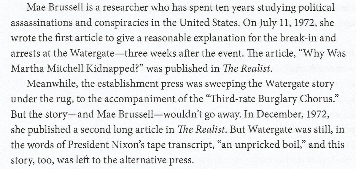 Thanks to a decade spent gathering and organising information, piecing together the modern history of the USA, Mae Brussell “wrote the first article to give a reasonable explanation for the break-in and arrests at the Watergate—three weeks after the event.” Compare with Marx.