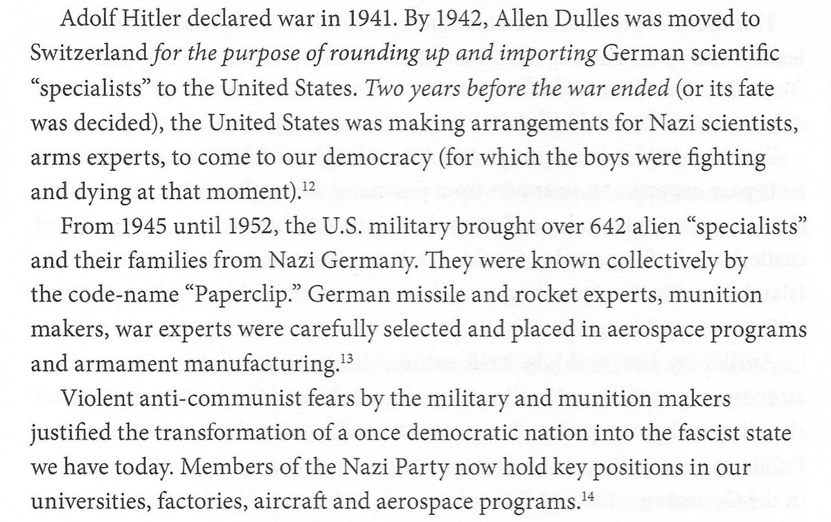 Yet Brussell insists that “our democracy” was subverted, that cunning German Nazis were responsible for “the transformation of a once democratic nation [!!!] into the fascist state we have today.” Unsavoury means, perhaps, but a noble end (fighting “totalitarian” communism)…