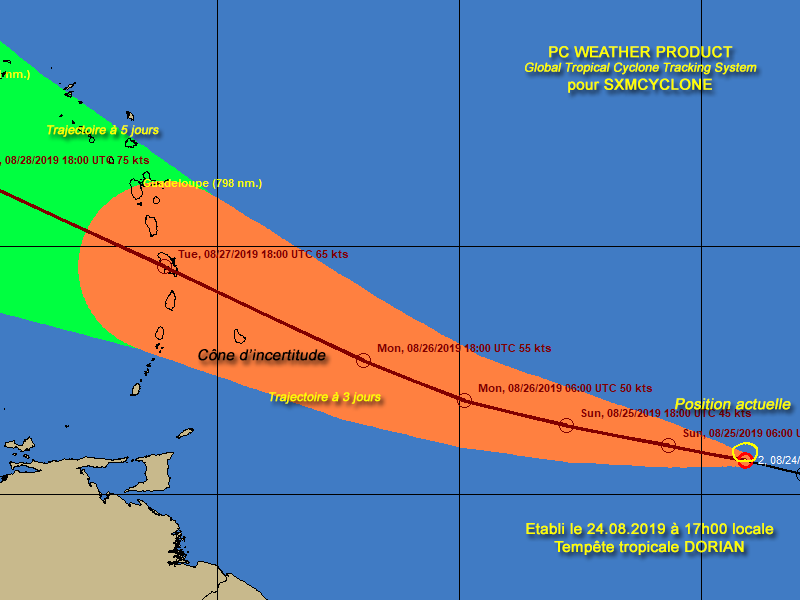 La dépression n°5 devient la #tempête tropicale DORIAN. Elle devrait passer sur l'arc antillais à partir de Mardi. A surveiller