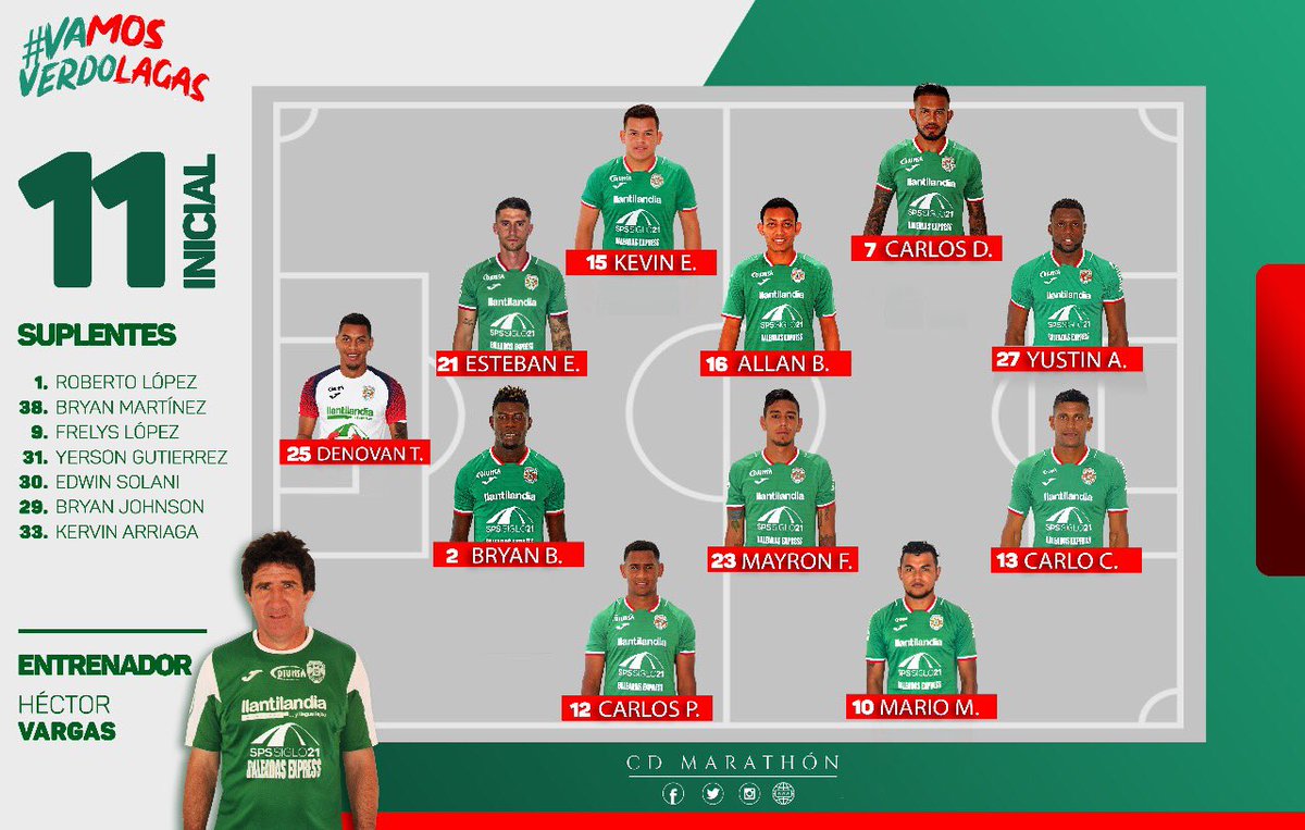 CDMarathon's tweet photo. 1️⃣1️⃣ | Nuestro 11 titular ante Real España esta tarde en el estadio #OlímpicoMetropolitano. ¡Vamos Marathón! 👊🏼💚
#MarathónRealEspaña #CDMarathón #SoyDelVerdeSoyFeliz #SanPedroSula #Honduras https://t.co/15IIJpk8I8