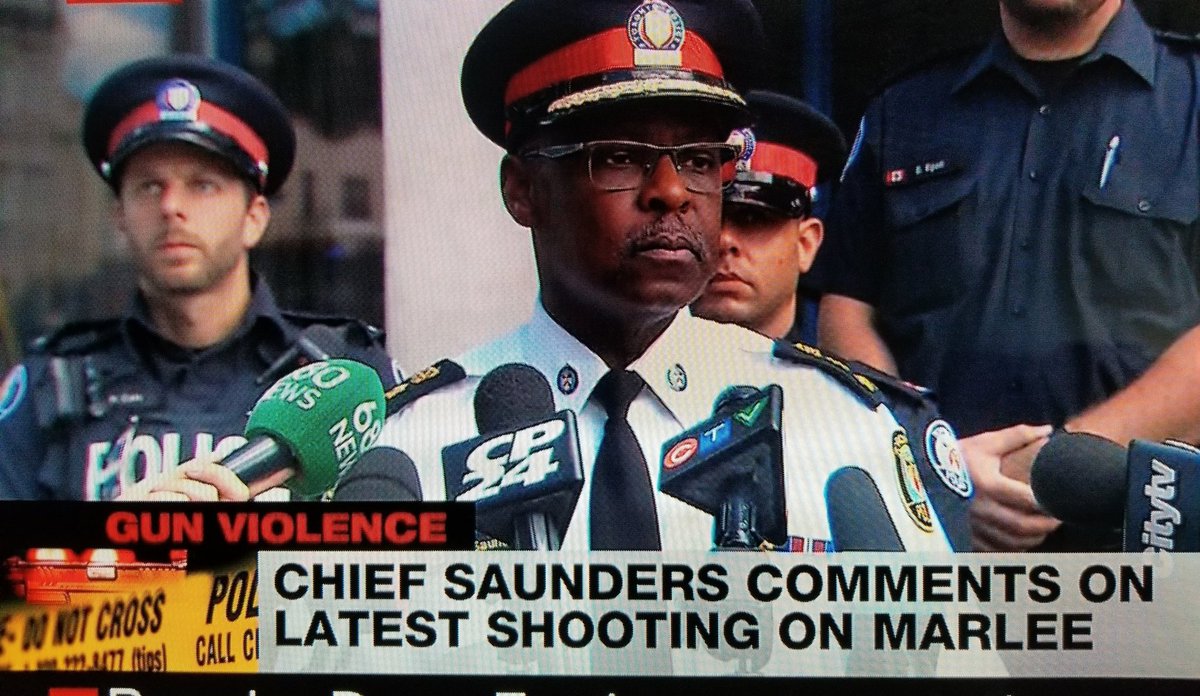 TorontoPolice's tweet photo. Toronto Police Chief Mark Saunders urges anyone with info on gun and gang activity to call police 416-808-2222 so officers can be dispatched to the area to prevent shootings.  Anonymous Crime Stoppers tips 1-800-222-8477 ^sm https://t.co/T2tPUAK3JG