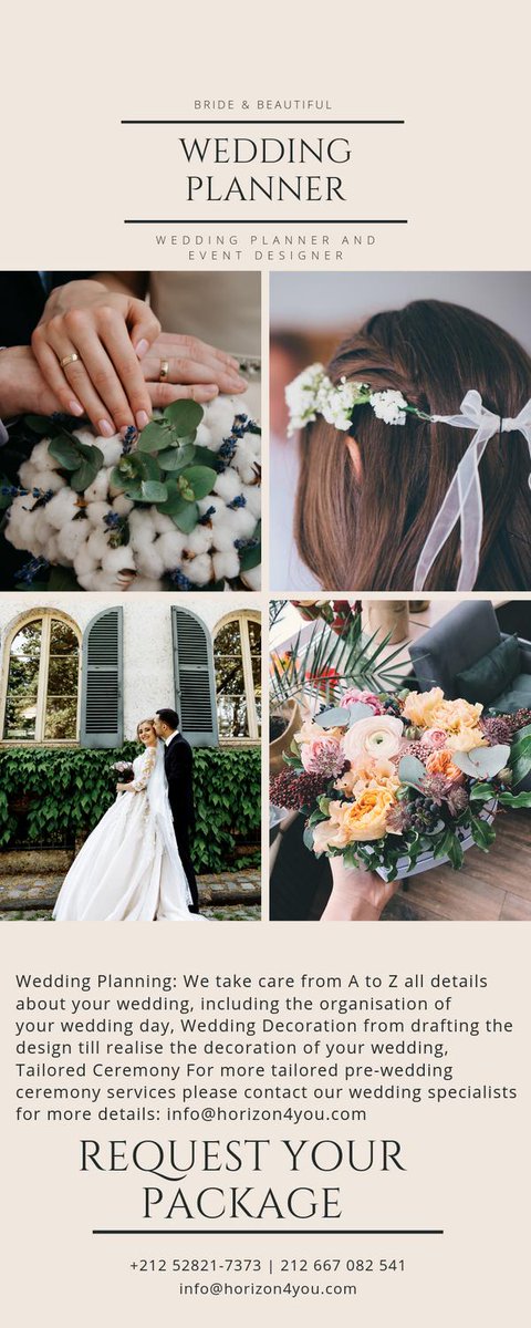 We take care from A to Z all details about your wedding, including the organisation of your wedding day, Wedding Decoration from drafting the design till realise the decoration of your wedding, Tailored Ceremony For more tailored pre-wedding ceremony services info@horizon4you.com