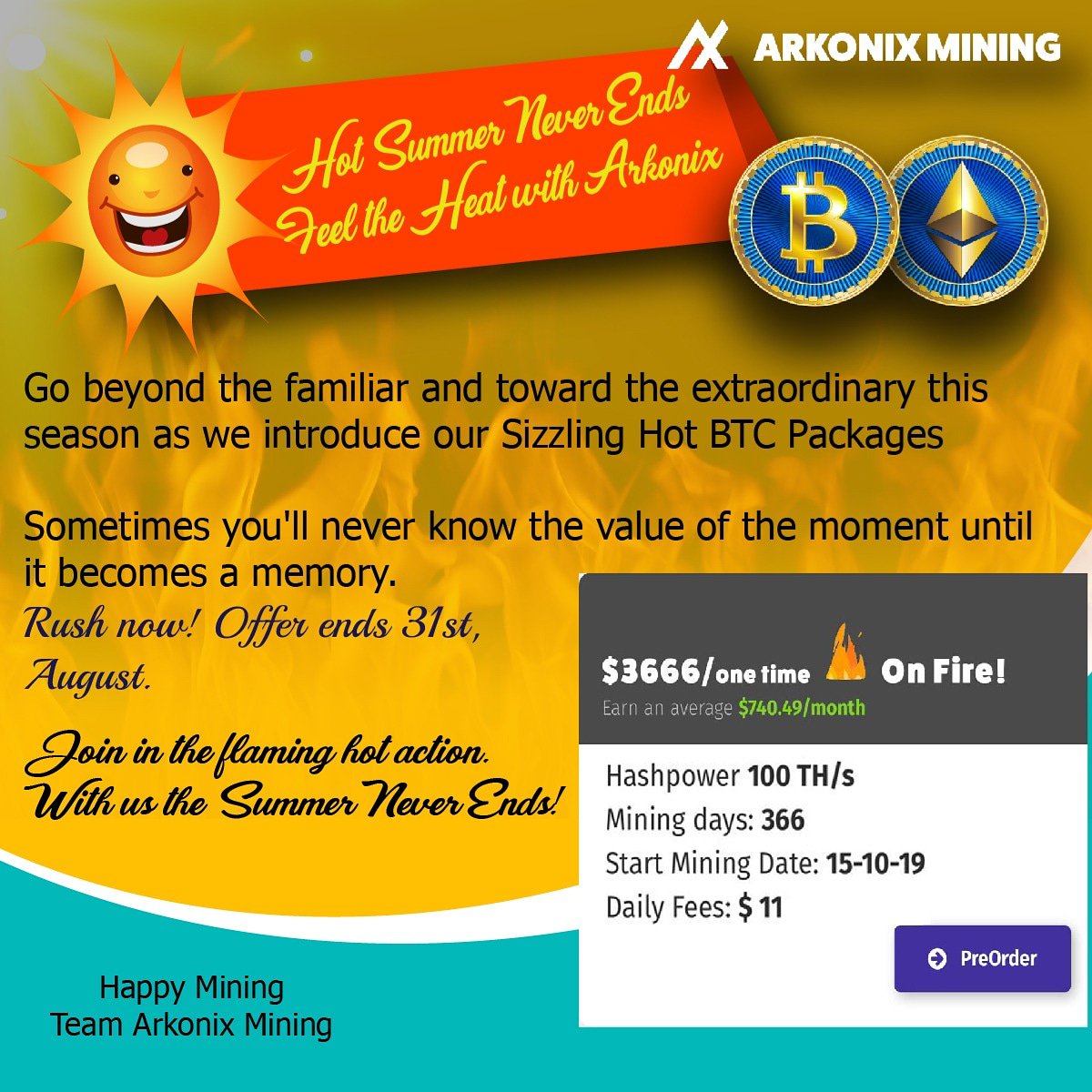 ArkonixMining's tweet photo. Hot summer never ends, feel the heat with Arkonix Mining. Introducing our Sizzling Hot BTC package. Rush Now Offer Ends 31st August 2019.
Visit https://t.co/L4EF7ytqJB 
#BTC #miningcontracts #bitcoinmininginvestment #summerdeals #bitcoindeals #arkonixmining https://t.co/KhdQStswz5