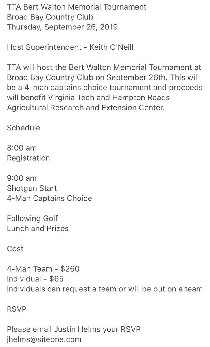2nd Annual Bert Walton Memorial Golf Tournament

September 26th
Broad Bay Country Club 

RSVP jhelms@siteone.com

Details Below 👇