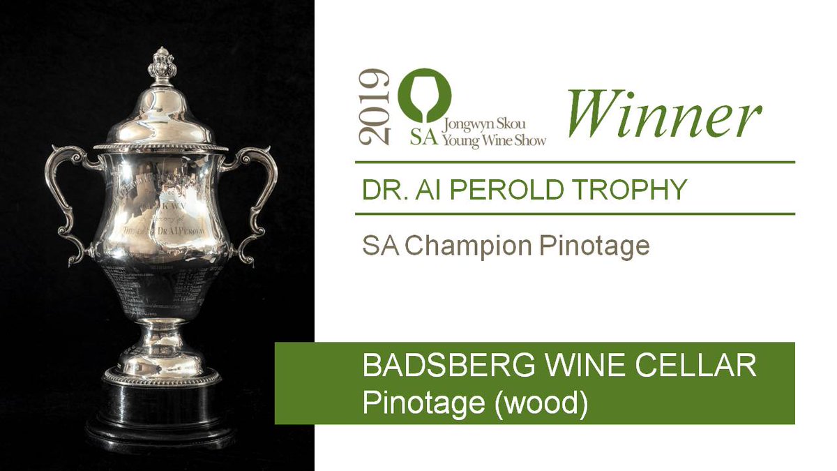 sayoungwine's tweet photo. #SAYoungWineShow . Winner #11. The SA Champion Pinotage and winner of the Dr. AI Perold Trophy. 
First Awarded in 1947. 
Congratulations to @Badsberg 
#SAYWS2019 @PinotageSA https://t.co/ViYricsuIy