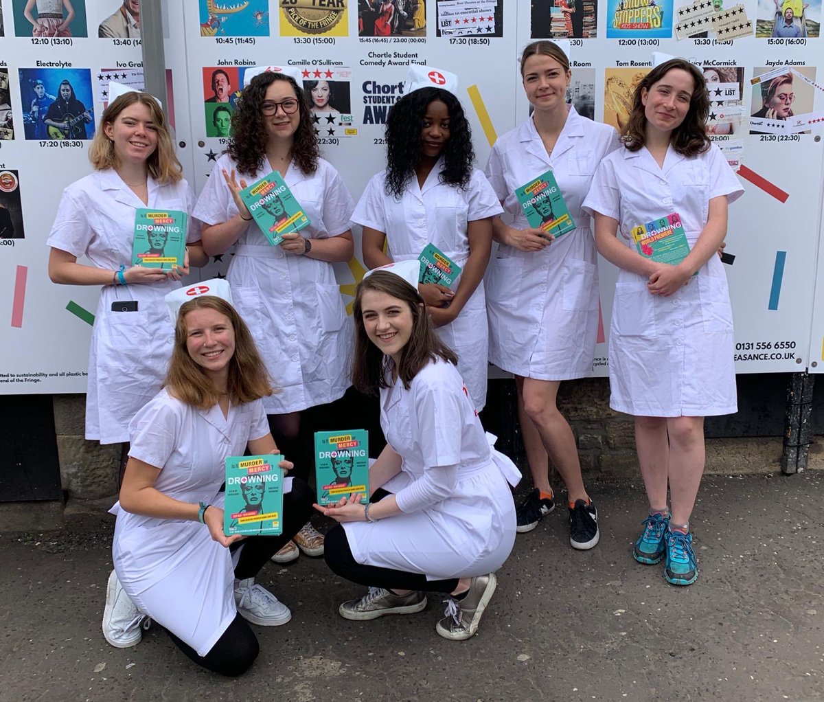 Ain’t nobody fresher than our nurse flyering clique!!!😎 #edfringe #drowningtheplay #womenoffringe #flyering #nurses #fresh #clique #kanye #edinburgh