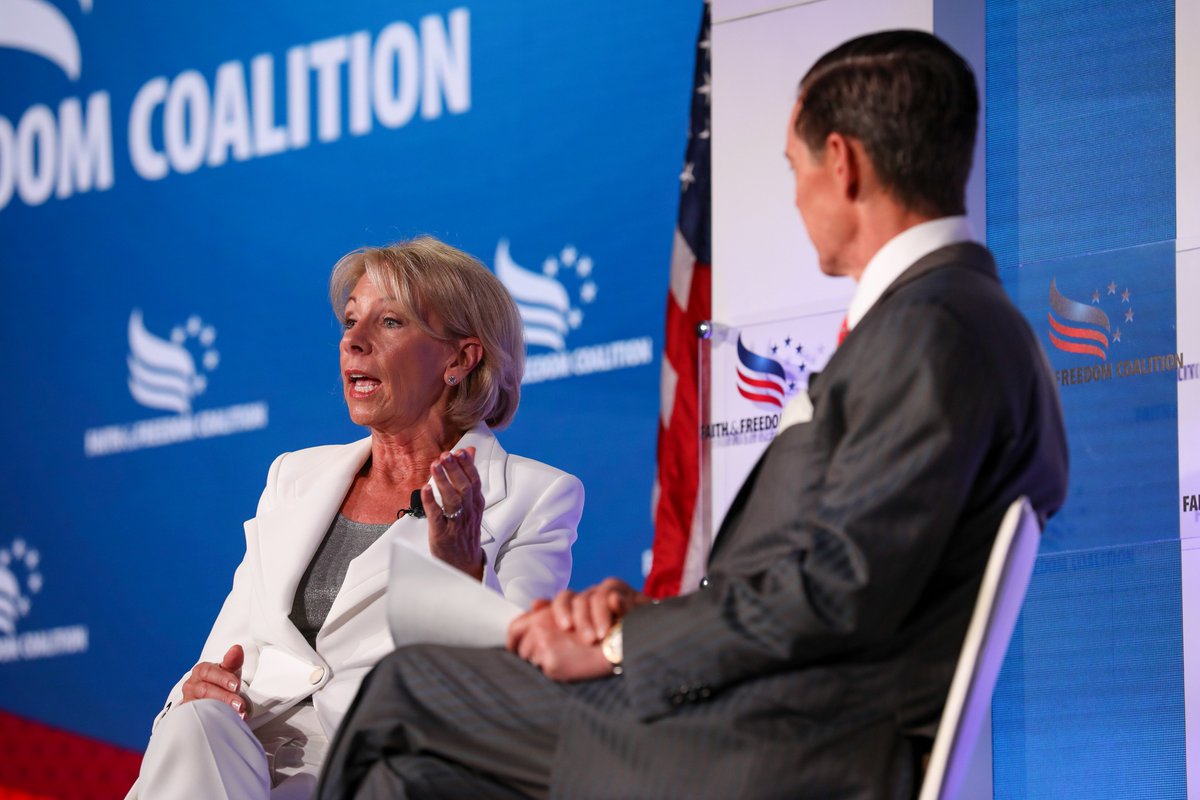 FaithandFreedom's tweet photo. “I'm here to serve students because I believe and I know, as all of you do, that every single person is endowed by our Creator and created for something unique and special.” – @BetsyDeVosED at #RTM2019 https://t.co/oYObJlQMoM