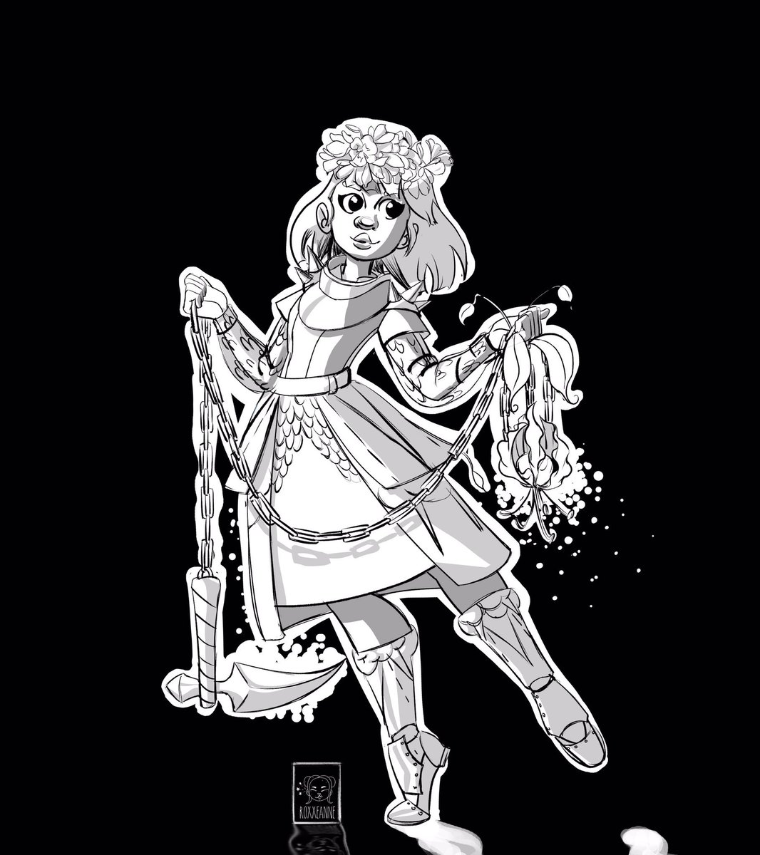 JenilleBrown's tweet photo. redrew an old sketch then put armour on her. Lily with the fire lily chain scythe #protectyourgarden https://t.co/bz293YlNem