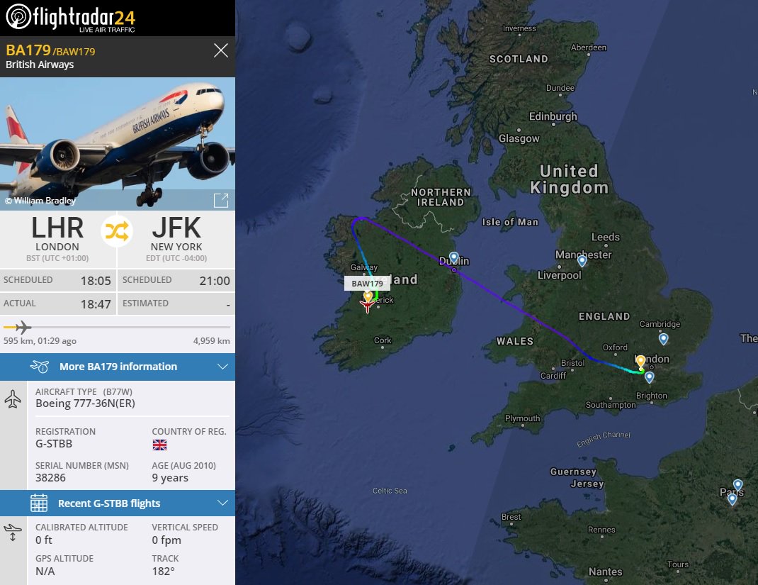 AirportWebcams's tweet image. INCIDENT: British Airways #BA179 London Heathrow to New York JFK (Boeing 777-300ER G-STBB) turned back over NW Ireland, declared Pan Pan with ATC &amp;amp; has just diverted to Shannon. Pilot advised ATC an indication of fire at the rear of the aircraft but unable to pinpoint the source.