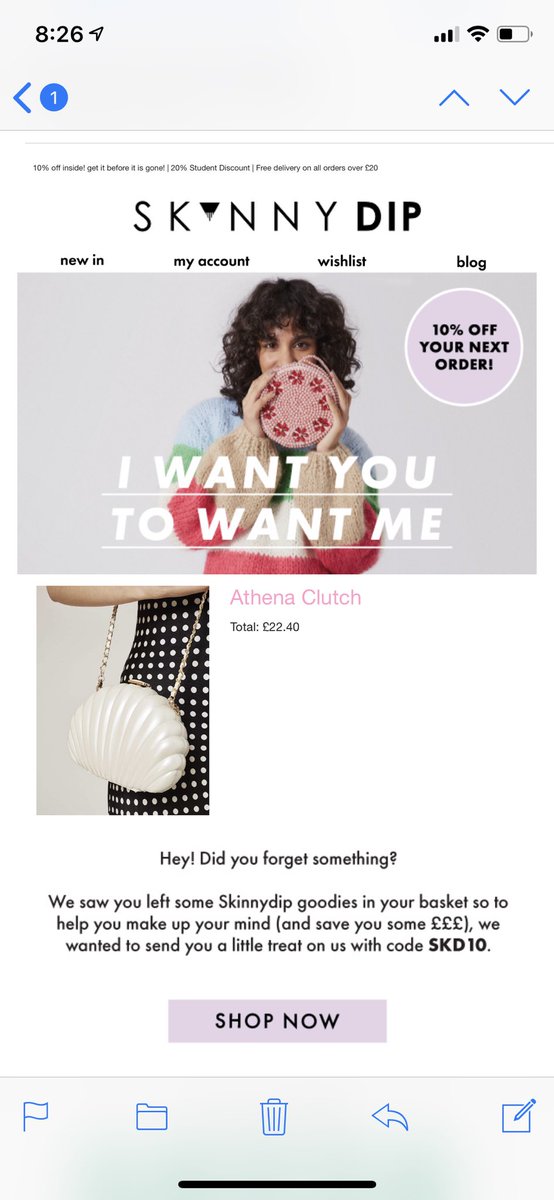 Nattyvic87's tweet photo. @SkinnydipLondon You sent me a 10% off code to use on the item shown but when entered, it says the “discount code isn’t valid for the items in your cart”. That’s a bit backwards? Why email me a code if I can’t use it on the item pictured? 🤔#skinnydip https://t.co/JXsCyj32sU
