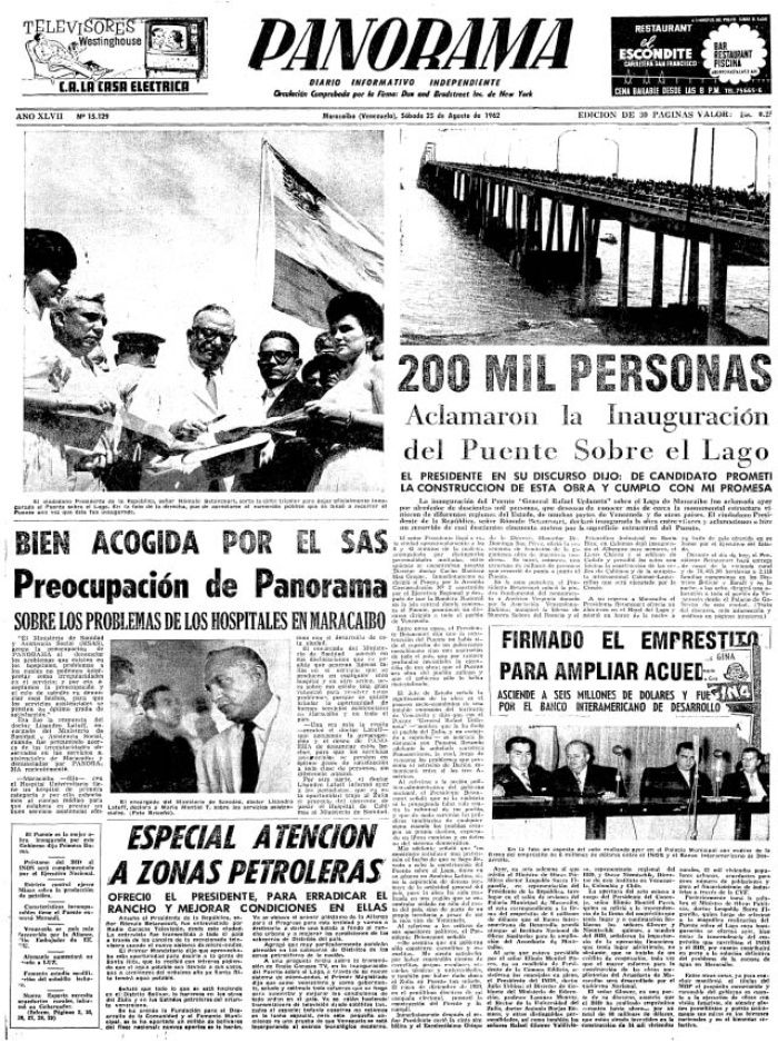 diariopanorama's tweet photo. PANORAMA reseñó la inauguración del Puente sobre el Lago de Maracaibo el 24 de agosto de 1962, cuando el presidente de la República para aquel tiempo, Rómulo Betancourt, asistió para cortar la cinta del canal que unió a Maracaibo con el resto de Venezuela. https://t.co/Xt9DdvrBGW