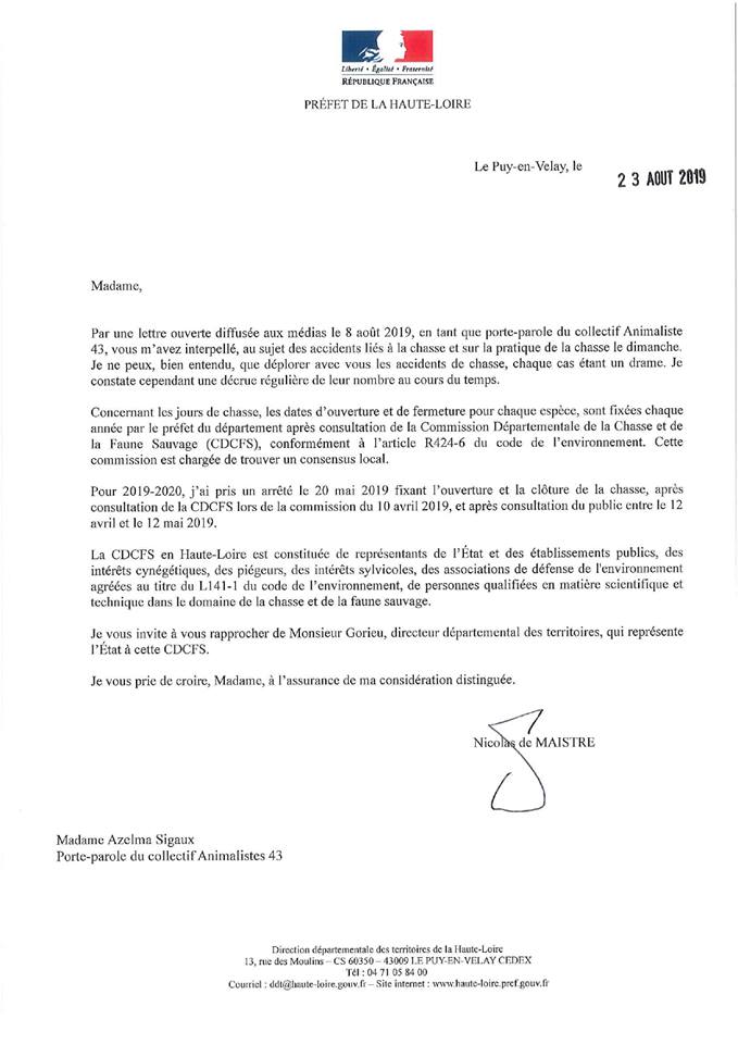 AzelmaSigaux's tweet photo. Suite à la lettre ouverte du collectif Animalistes 43 au Préfet du 43 (https://t.co/5Xfk6xArqU), voilà que le préfet daigne nous répondre. Je vous laisse juger. Pour les victimes animales humaines et non-humaines, nous n'en resterons pas là.
@Komodo_tv @FBB_PORTEPAROLE #Chasse https://t.co/IypNuD6smK