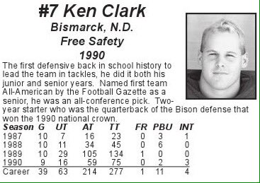 jsteck65's tweet photo. Bison Nation, we have 7 days left until Bison football starts the 2019 season! During the late '80s into 1990 if offenses dared to attack the middle of the Bison defense Ken Clark would make you pay for trying! #LetsGoBison #HornsUp #BisonFBCountdown https://t.co/s8VOJLUSP1