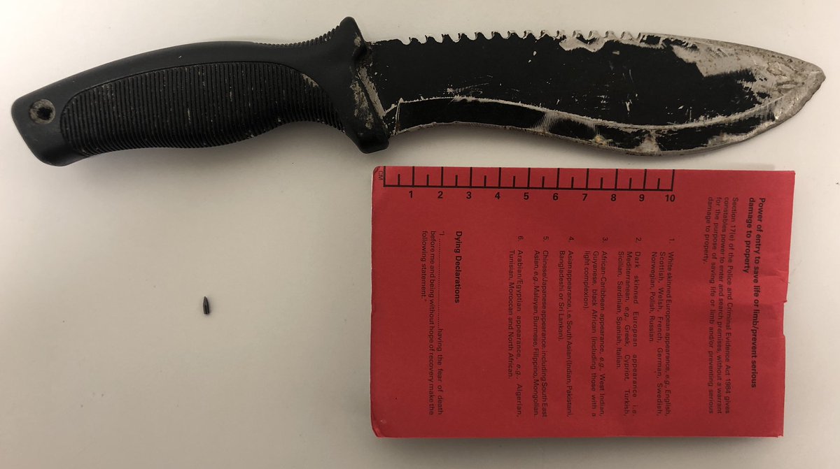 MPSBarkDag's tweet photo. This nasty weapon was recovered by #KGTeamB officers last night in Broad Street, Dagenham following reports of a male threatening a female with a knife. The male was subsequently located and quickly arrested and remains in police custody. Another life saved. https://t.co/BECxAWNrNS