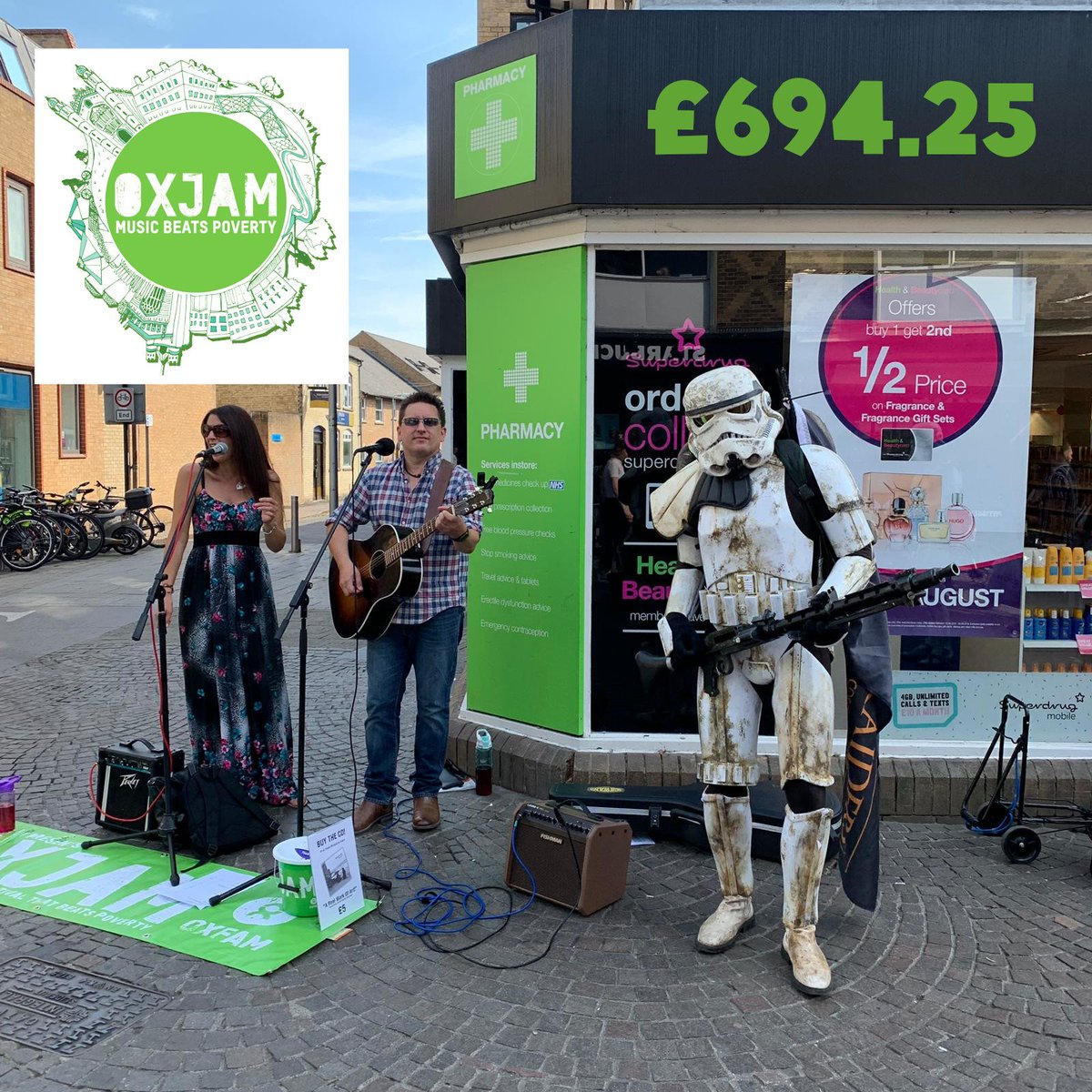 OxjamCambridge's tweet photo. WOW! Thanks to the generosity of Cambridge and our amazing buskers we're thrilled to have raised £694.25 towards our @OxjamCambridge total for @oxfamgb. Our running total is now over £1.1k! THANK YOU. https://t.co/TxOEeJGql2