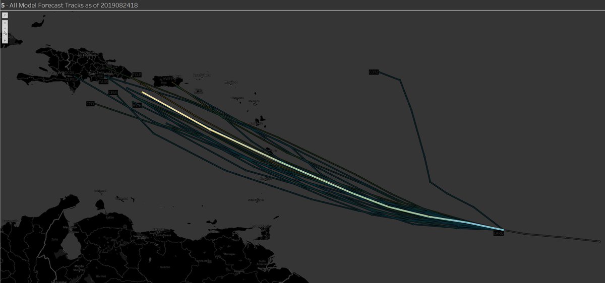 watkinstrack's tweet photo. Map showing latest 18Z models relative to the previous NHC forecast (highlighted) for #TD05 - smack dab in the middle of the guidance envelope. 5PM forecast likely just an update of the previous one https://t.co/ubUhLy6WpY