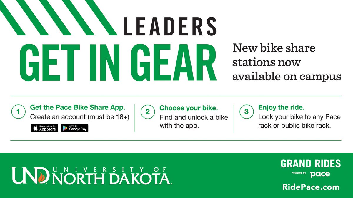 Check out the new bike share stations at UND! 🚲 #GrandRides is simple to use:

📱 Download the 
<a href="/pacebikeshare/">Pace Bike Share</a>
 app
🚲 Choose your bike
🚴 Enjoy the ride!

Visit ridepace.com to learn more.
#UNDproud #GFisCooler #ILoveGF