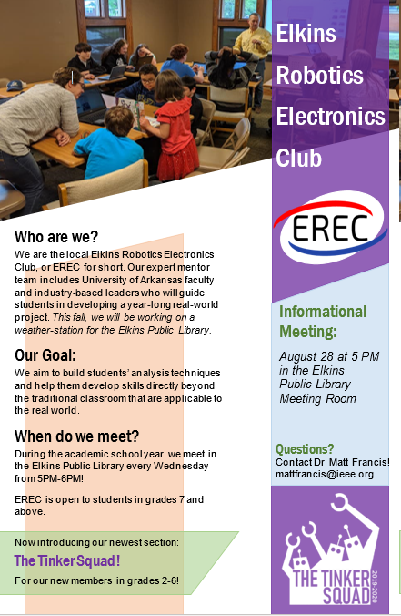 ElkinsRobotics's tweet photo. Welcome back to class! With the arrival of a new year comes new opportunities to learn. EREC will be hosting an informational meeting on this years project (a weather station) at the Elkins Public Library this Wednesday at 5:00 PM - we hope to see you there! https://t.co/oVP8NzdX2N