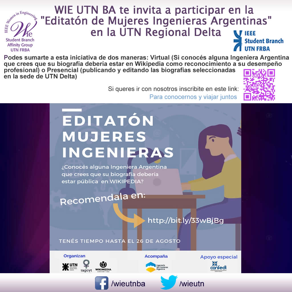 Desde WIE UTN nos sumamos a la iniciativa de CONFEDI y Wikimedia para dar visibilidad a mas #MujeresArgentinasIngenieras 💜💜 Postula a tu ingeniera favorita y si queres ir con nosotras a UTN Delta a escribir biografias en WIKIPEDIA sumate en este link forms.gle/iCx4tQE9SKGwUC…