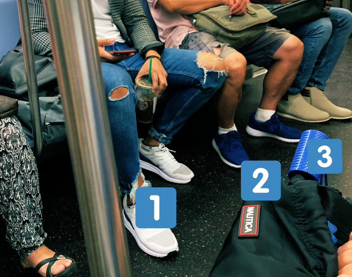karaswisher's tweet photo. Manspreading explained: 1. Double manspread, which says “Yes, I will occupy two seats on this crowded train and also give my bag a place of honor on the seat!”; 2. Basic manspread using 1.5 seats, which is an understated classic; 3. Decent man whom you should marry immediately https://t.co/HxfLMvKYQb