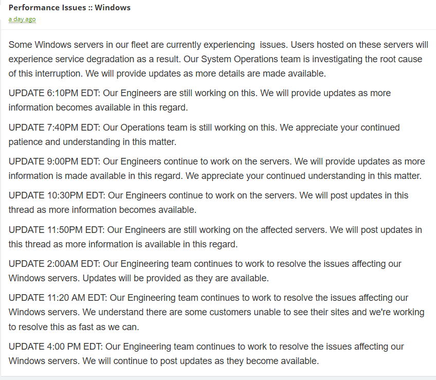 facingdigital's tweet photo. @a2hosting all windows server down until more than 24 hours... and the problem is not yet resolved!
it's just unbelievable! 99.9% Uptime Commitment, it's a joke! last time, all servers were down during 4 days!  generic message, no support, no rescue plan 😡 https://t.co/UKgGgMfsMI