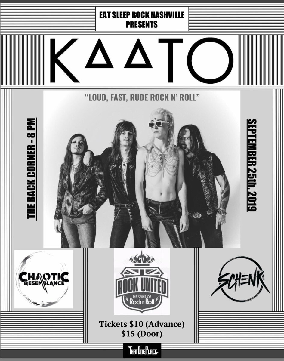 KAATOband's tweet photo. ‼️✨Sept. 25 @ THE BACK CORNER✨‼️
Rock United / Chaotic Resemblance / Schenk
Presented by EAT SLEEP ROCK NASHVILLE. 
Event Info + Tickets below! 🎫

https://t.co/5x3nbhbVjQ https://t.co/vcoxSyp8TD