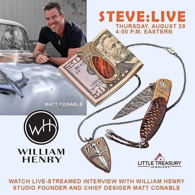 LittleTreasury's tweet photo. Meet William Henry Studio founder Matt Conable on our live stream at YouTube https://t.co/Lu3JBo2R6n Thursday, August 29, 4:00 p.m.  Luxury jewelry and knives handcrafted with unique materials. #iamwilliamhenry #pocketknives #mensjewelry #edc #limiteded… https://t.co/qWqMLEEkTg https://t.co/tuVEH9FORR