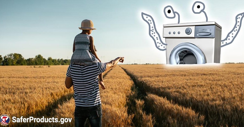 A father and daughter in a field. A washing machine monster approaches in the distance.