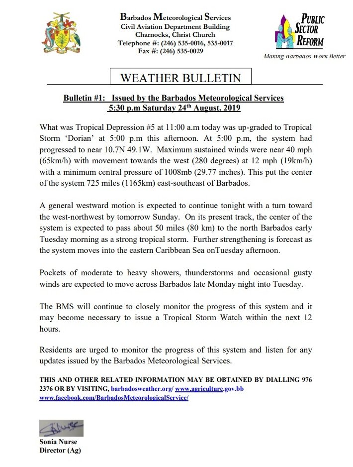 WEATHER BULLETIN - Please see the attached Bulletin #1 issued by the Barbados Meteorological Services at 5:30 p.m. Saturday, August 24, 2019. You should monitor the progress of this system. #Barbados #Weather #Dorian