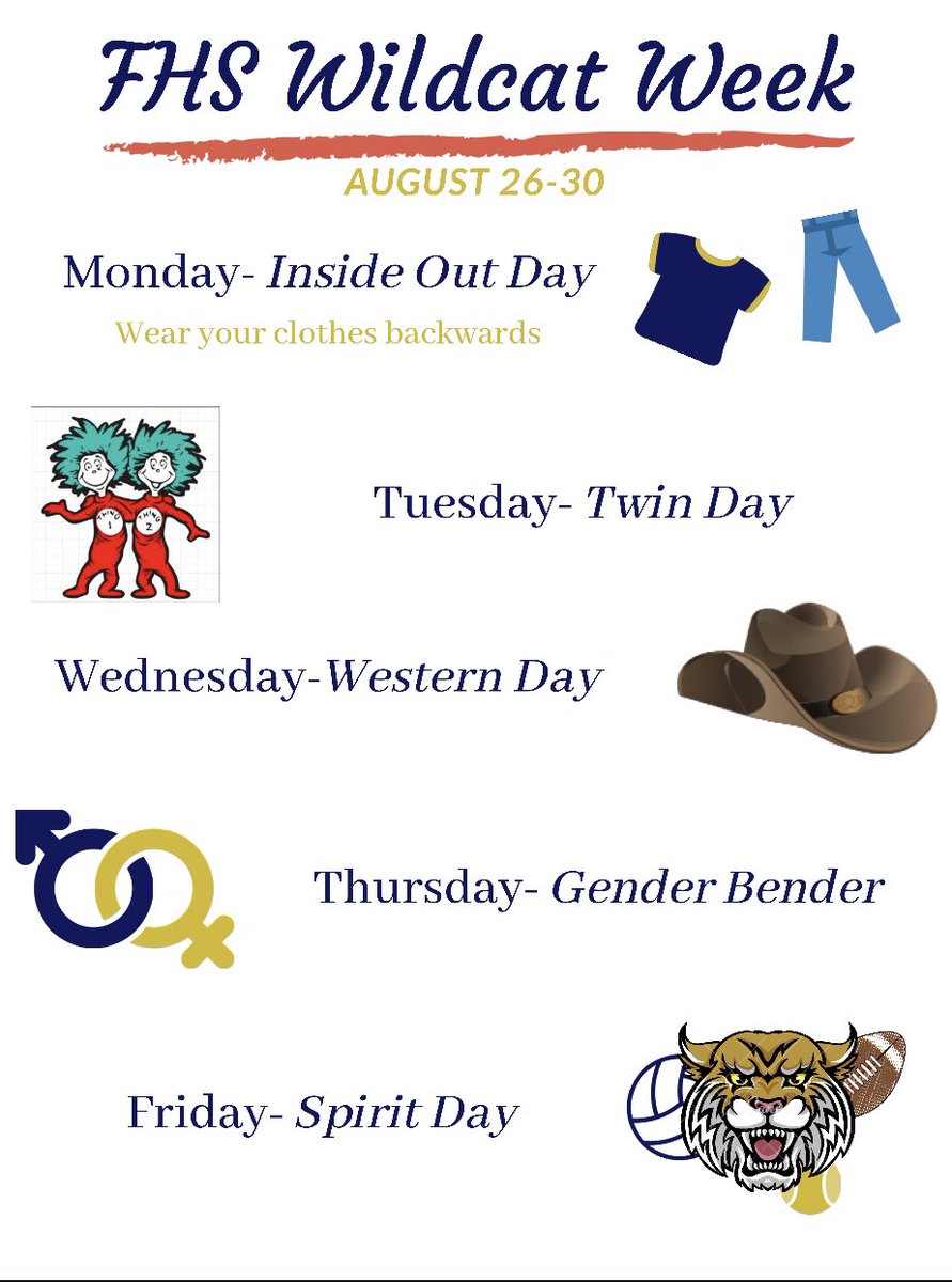 FHS_StuCo1920's tweet photo. Here are the dress up days for Wildcat Week starting Monday, August 26th! https://t.co/JnuNL4CJyH
