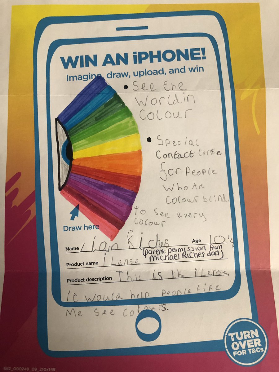 vickyriches123's tweet photo. @Dixons_Travel #DTFutureTech here is Liam and his dads idea for the future tech comp. Hes came up with the idea of a special contact lense which makes a colourblind person see every colour imaginable. You wear it like a normal contact lense it would b free 4 ppl who r colourblind https://t.co/qNDGakRd3b