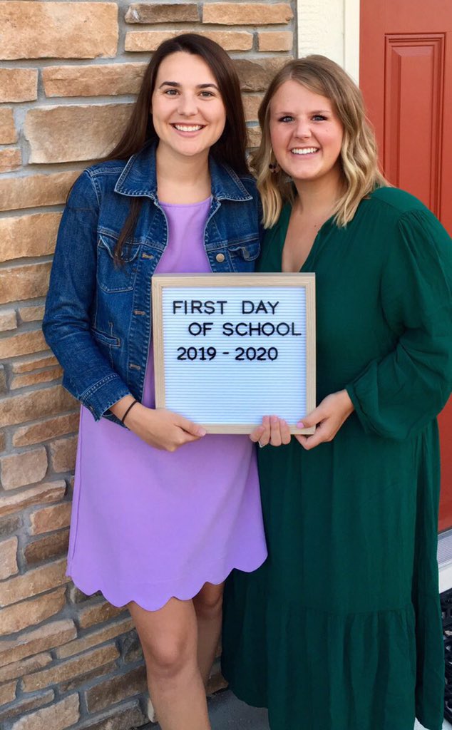 MsENWebb's tweet photo. Our annual first day of school photo 💯 

In May, Molly and I will earn our Master’s degrees from @DrakeUniversity &amp; be on our way of ruling the world together! Soon to be Principal Webb and Instructional Coach Fritz #dynamicduo (ok... maybe in 10 more years!) https://t.co/uJIUuZlP2B