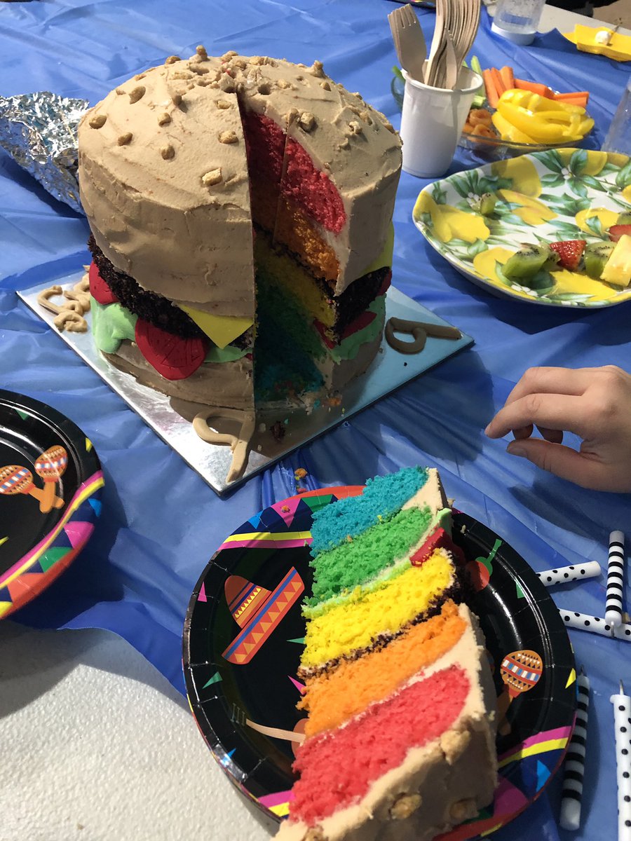 RobertGlancy's tweet photo. Burger cake update. Check out the rainbow inside. Jemma is a genius. Nailed it! https://t.co/CvpHwYeH9e