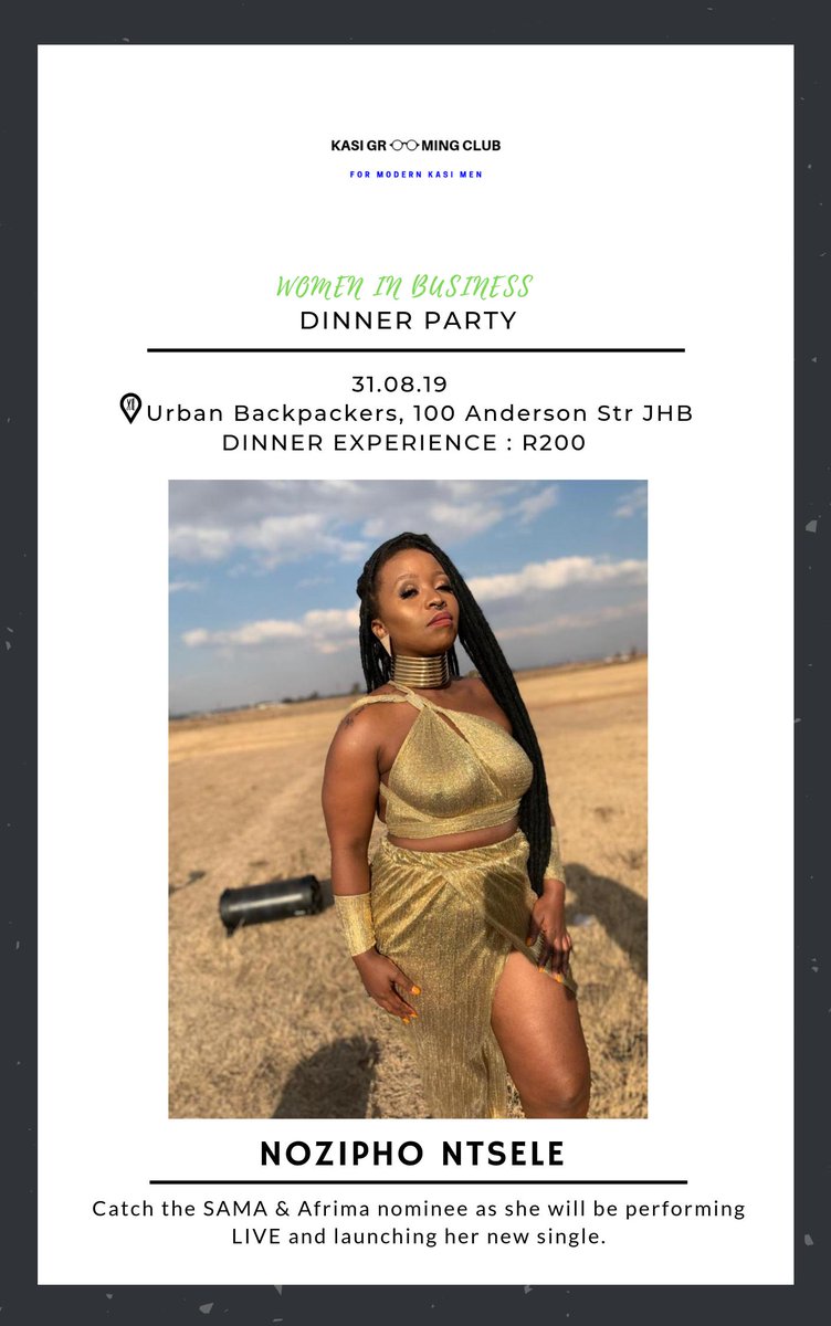 GroupMSB1's tweet photo. Join us for an amazing and inspiring dinner party on the 31st August 2019 @urbanzulu from 17:00 to 22:30. Live performance by @nozipho_sa ...See you there! #mkhozimedia #urbanbackpackers #nozipho_sa #ngiyavuma #urbanzulu https://t.co/BLA5ibX2P2