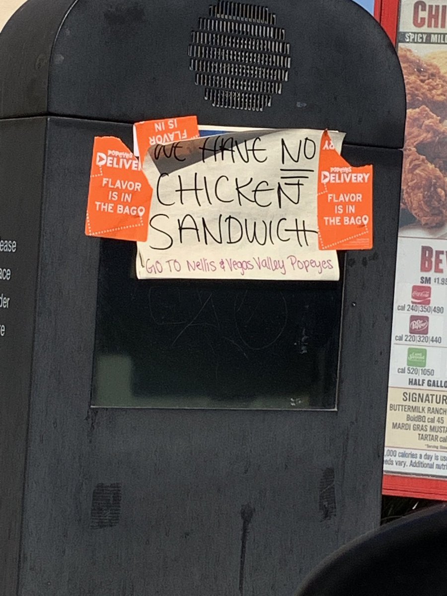LorraineChef's tweet photo. Ughhhhhh. Drove all the way to Boulder Highway @PopeyesChicken - ❌🚫NO #ChickenSandwich ❌🚫here! @MitchMossRadio and I deserve this for falling for the hype. #sandwichfail https://t.co/iRfN7Jth2n