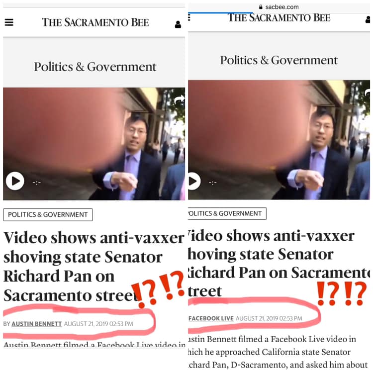 avoiceforchoice's tweet photo. .@sacbee_news We see your PR stunt to paint #VaccineChoice #Activists in a bad light. Is the "anti-vaxxer" that shoved #SenatorPan on your writing staff? If #SB276 is based on credible #science, why the simulation? #NOonSB276 @RobBontaCA @Bill_Brough @AsmAutumnBurke @IanAD57 https://t.co/U7ej5P27C5