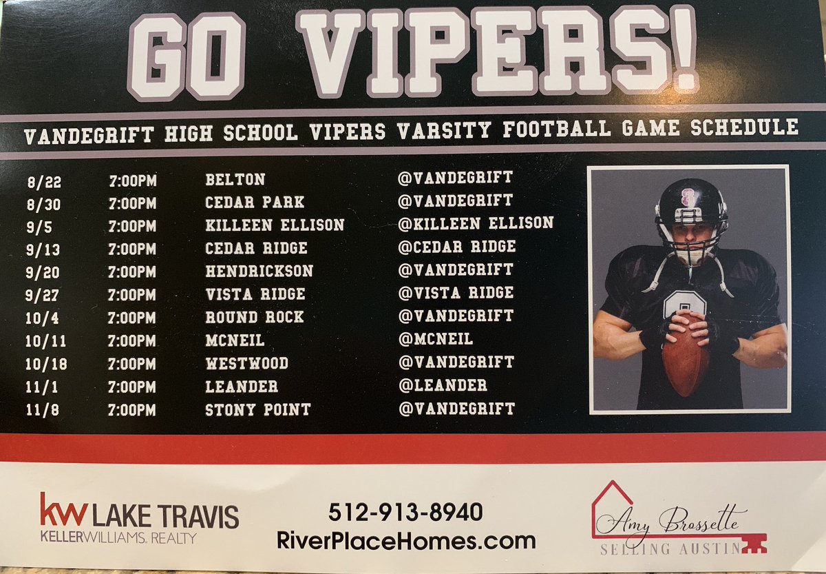 Amy_Brossette's tweet photo. Football Schedule for the 2019 season #vandegrift #highschoolfootball #austintexas #realestate #Zillow https://t.co/tbHgdgNO6r