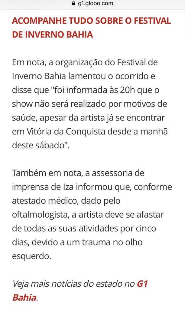 Joker_Pollo's tweet photo. IZA fica afastada de suas atividades por trauma no olho e mesmo já estando no local do show e tentando cumprir agenda, teve que cancelar o show que faria no #FIB19 em Vitória da Conquista. https://t.co/m6l20k5ips
