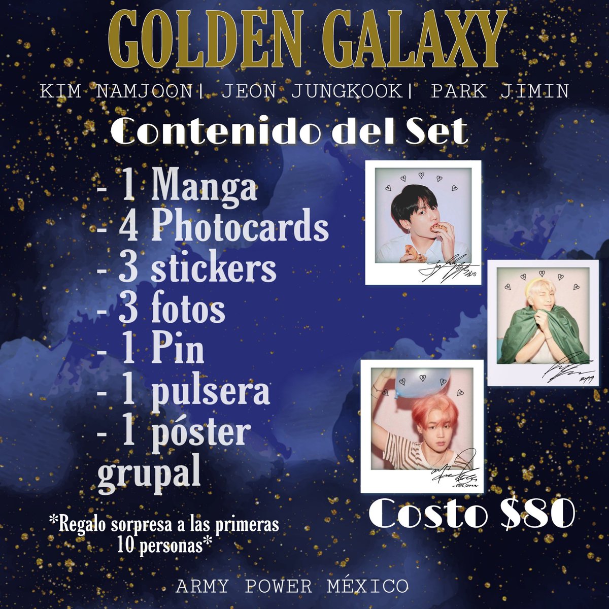 ArmyPowerMex's tweet photo. [ 💫ＧＯＬＤＥＮ ＧＡＬＡＸＹ 💫 ] 
🌟 Kim Namjoon 🌟Jeon Jungkook 
              🌟 Park Jimin

Lugar:  Bubble Town
Fecha : 21 de Septiembre
Horario : 1:30 pm a 4 pm 

FECHA LÍMITE : 16 de Septiembre

Más info en las imágenes de abajo, cualquier duda por DM 

Army Power México https://t.co/pjDCVANVR0