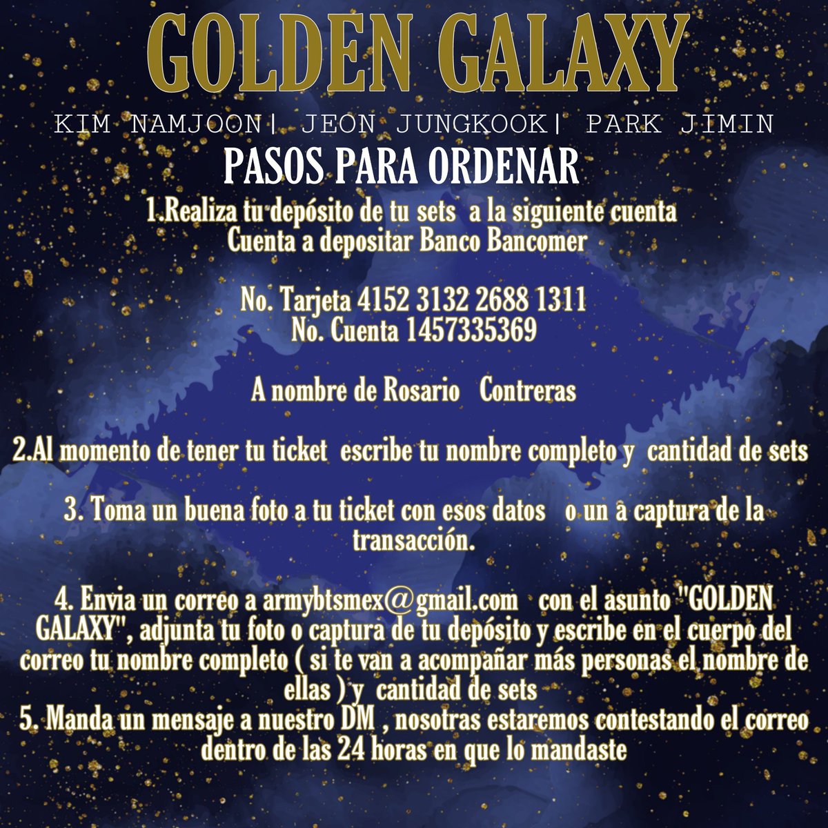 ArmyPowerMex's tweet photo. [ 💫ＧＯＬＤＥＮ ＧＡＬＡＸＹ 💫 ] 
🌟 Kim Namjoon 🌟Jeon Jungkook 
              🌟 Park Jimin

Lugar:  Bubble Town
Fecha : 21 de Septiembre
Horario : 1:30 pm a 4 pm 

FECHA LÍMITE : 16 de Septiembre

Más info en las imágenes de abajo, cualquier duda por DM 

Army Power México https://t.co/pjDCVANVR0
