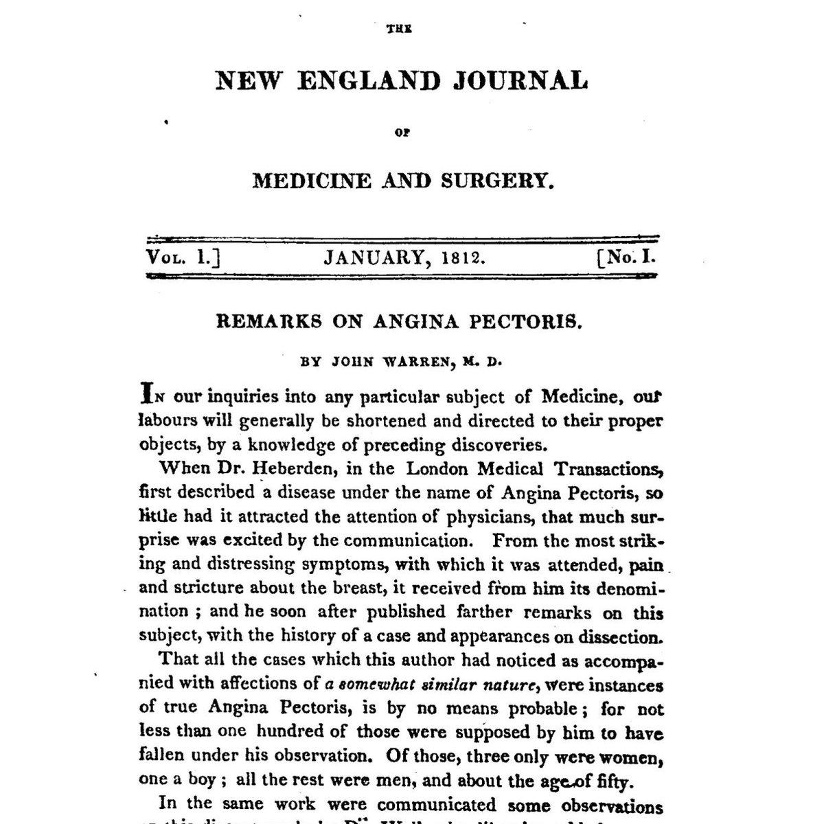 adithm13's tweet photo. Remarks of Angina Pectoris. The first article, first issue, first volume of the NEJM in January, 1812. It still requires further understanding. #cardiology #medicalhistory #njem . #angina https://t.co/L9caYH6p89