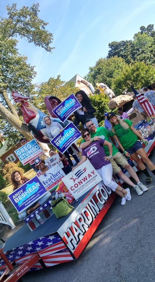 DWCofHardinCo's tweet photo. Hardin County Democrat were promoting our Dem slate today at the Heartland Homecoming parade in Etown. We got cheers, the elephant float got boos! #friendsdontletfriendsreelectBevin #beatBevin @AndyBeshearKY @JColemanKY @StumboForAG @RHConwayforKY https://t.co/SEnQWjKPAz