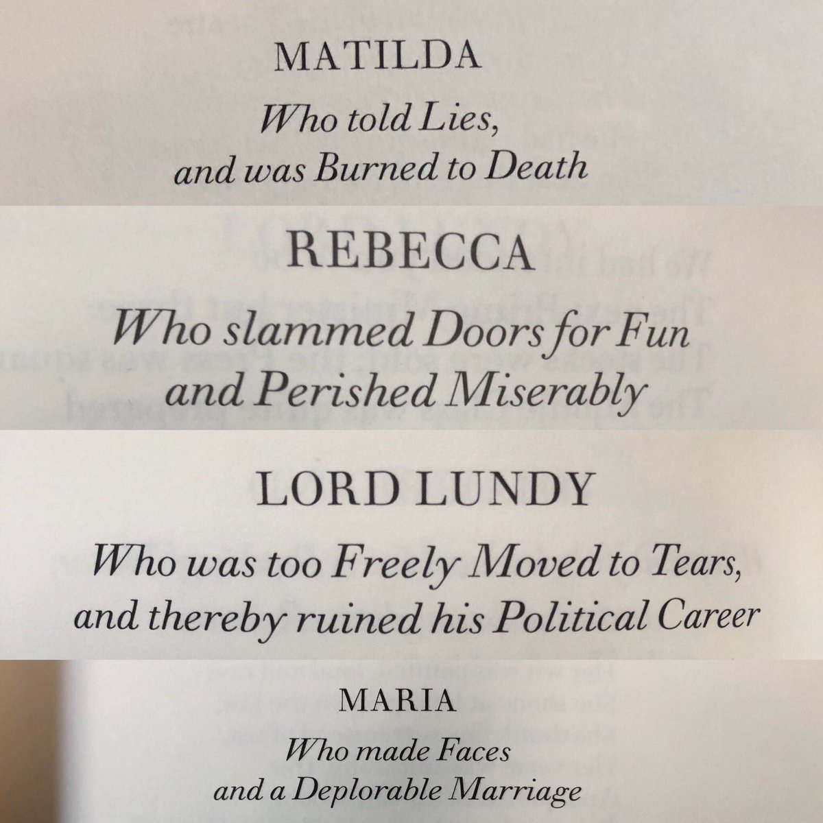 LibraryLydia's tweet photo. Found an old book called “Cautionary Tales For Children” at an antique store today and the terrible chapter titles are giving me life.

Tag yourself, I’m “JIM who ran away from his nurse and was eaten by a lion” https://t.co/hfOwfSLkkH