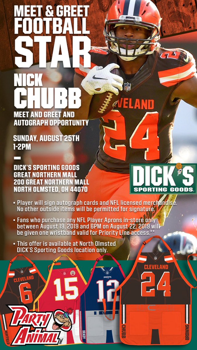 PartyAnimal_Inc's tweet photo. See you tomorrow?  @Browns fans!! Come meet @NFL RB @NickChubb21 @DICKS Great Northern Mall Sunday, 8/25 at 1p to help us launch our BRAND NEW Player Aprons! #GrillLikeAPro  #GoBrowns #autograph https://t.co/P3nV5hQOGw https://t.co/okDPqBLNlC