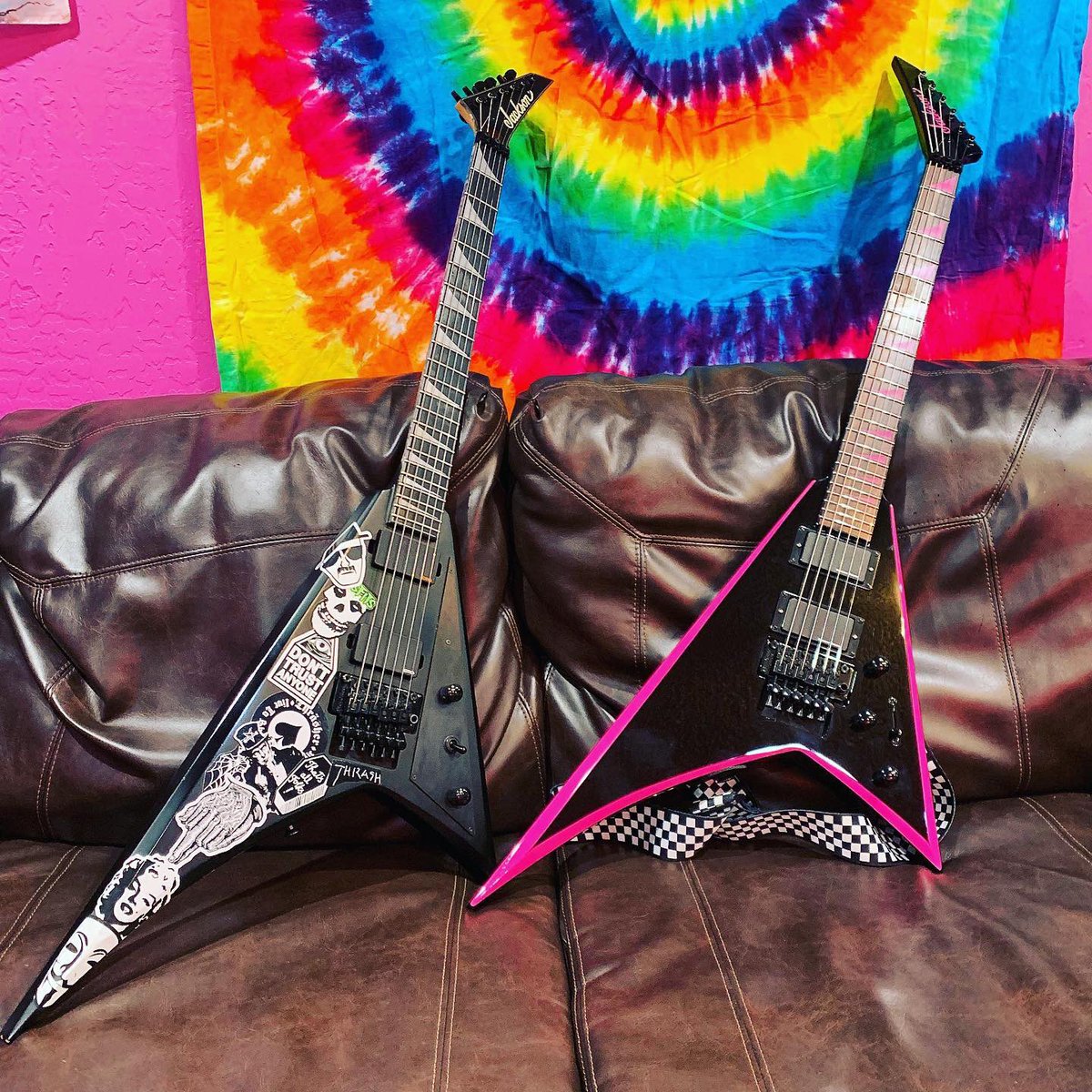 fuseoforder's tweet photo. These are the 2 axes Tanny Lad is using to track the upcoming Fuse Of Order record!! “The Convincer” (left) which is the goto string slinger and “The Panty Dropper” Which one is your favorite??! #FUSEOFORDER #FOOCREW #METALMOUNTAINRECORDS #SAFFLOWERSTUDIOS #JacksonGuitars #guitar https://t.co/wepD4h47cz