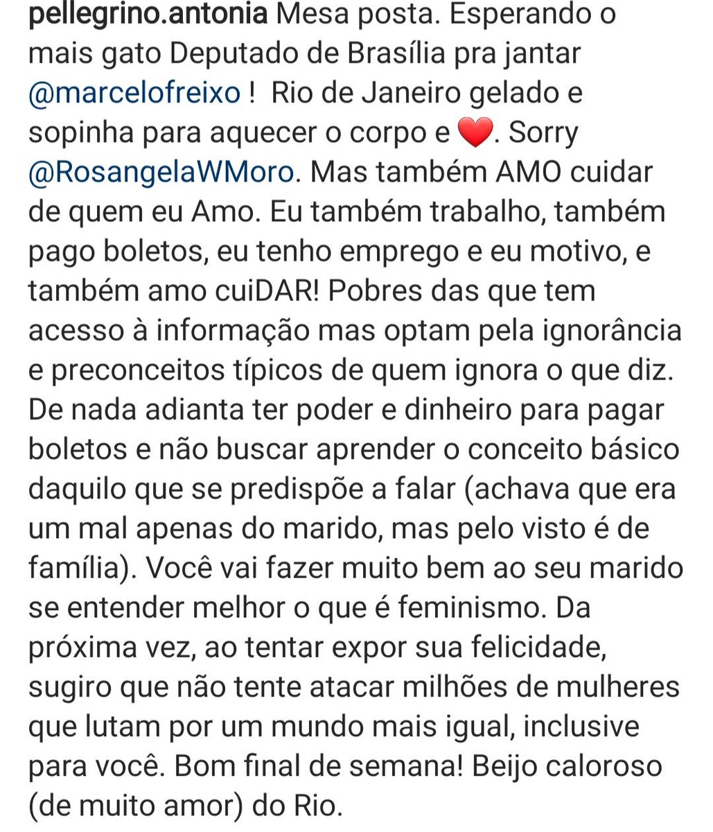 LuluPavarin's tweet photo. Espero que a Sra. Rosângela Moro tenha lido essa mensagem direcionada à ela, hoje no Instagram. Excelente resposta da Antonia Pellegrino. https://t.co/cc38iho9Nz