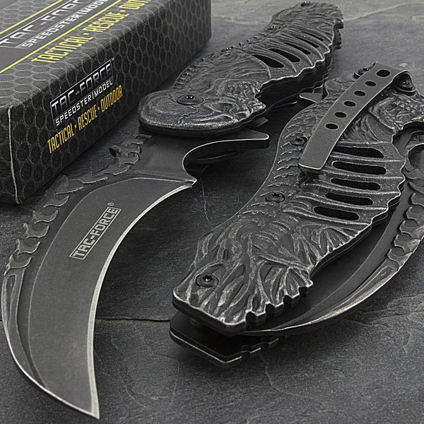 FrontierBlades's tweet photo. This stonewashed fantasy skull pocket knife is a great knife to add to the collection. This heavy duty knife features a stainless steel hawkbill claw blade and stonewashed handle with skeleton skull design. #knife #knives #pocketknife #blade #blades #sale #knifesale https://t.co/BqJHSpi95l